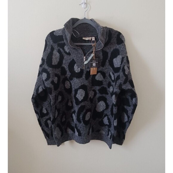 RD Style Sweaters - RD Style Conscious Sweater Pullover 1/4 Zip Wool Leopard Print Gray Black Size L